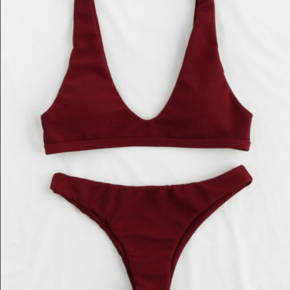 Plunge Neckline Open Back Bikini Set